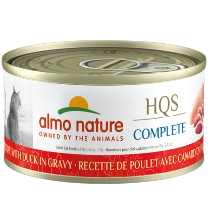    - Indoor cat food  Almo Nature HQS Complete Chicken Recipe with Duck in gravy Wet Cat Food (2.47 oz)