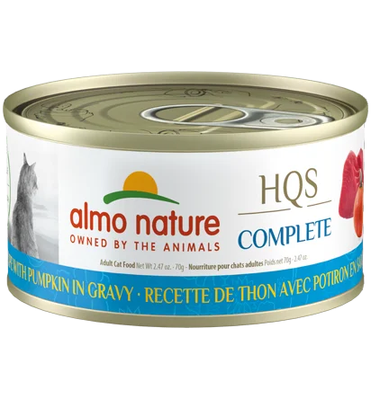    - Cat food for spayed/neutered cats  Almo Nature HQS Complete Tuna Recipe with Pumpkin in gravy Wet Cat Food (2.47 oz)